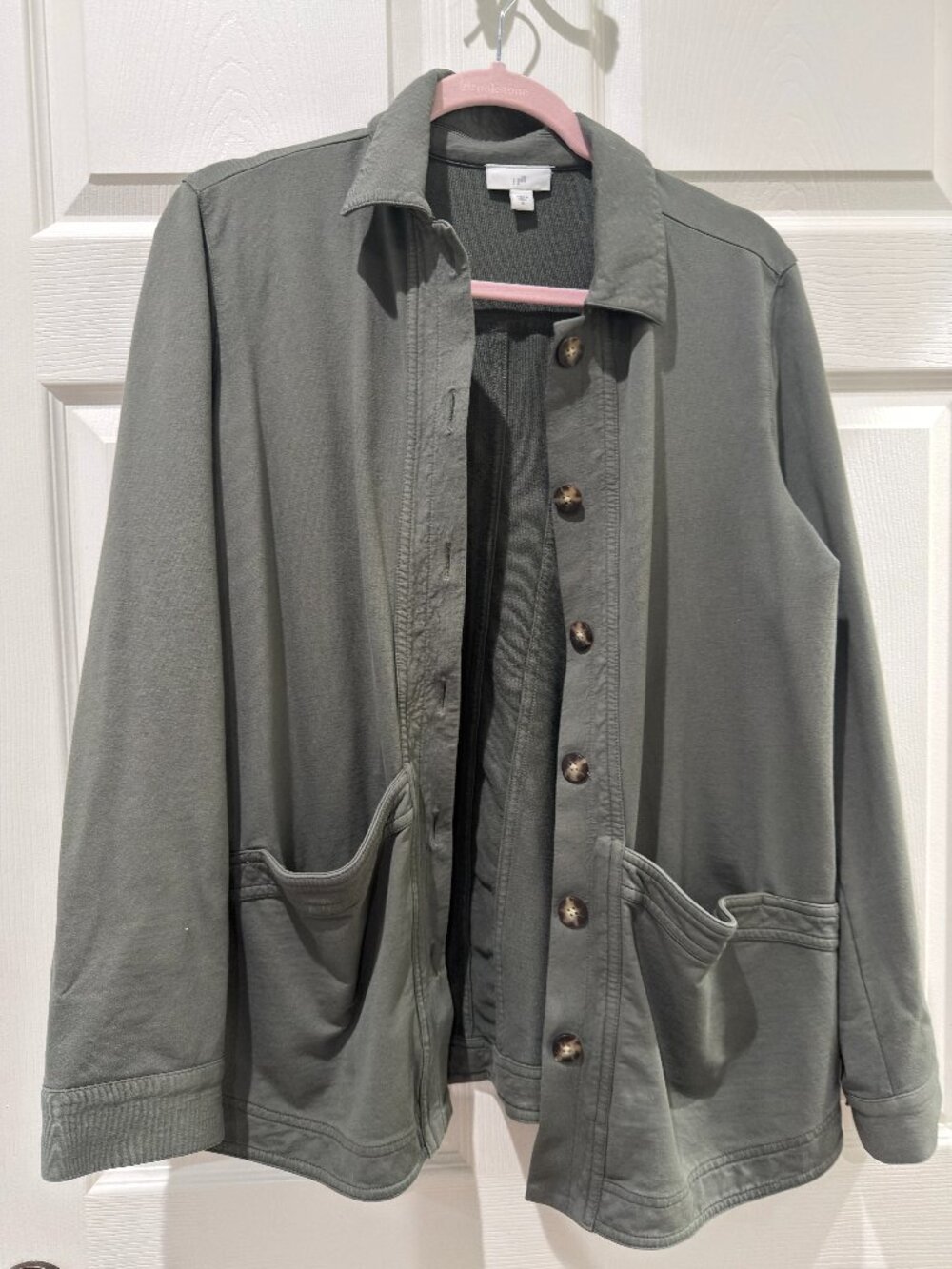 J.Jill Knit Modern Barn Jacket Olive Green French Terry Shacket Size M